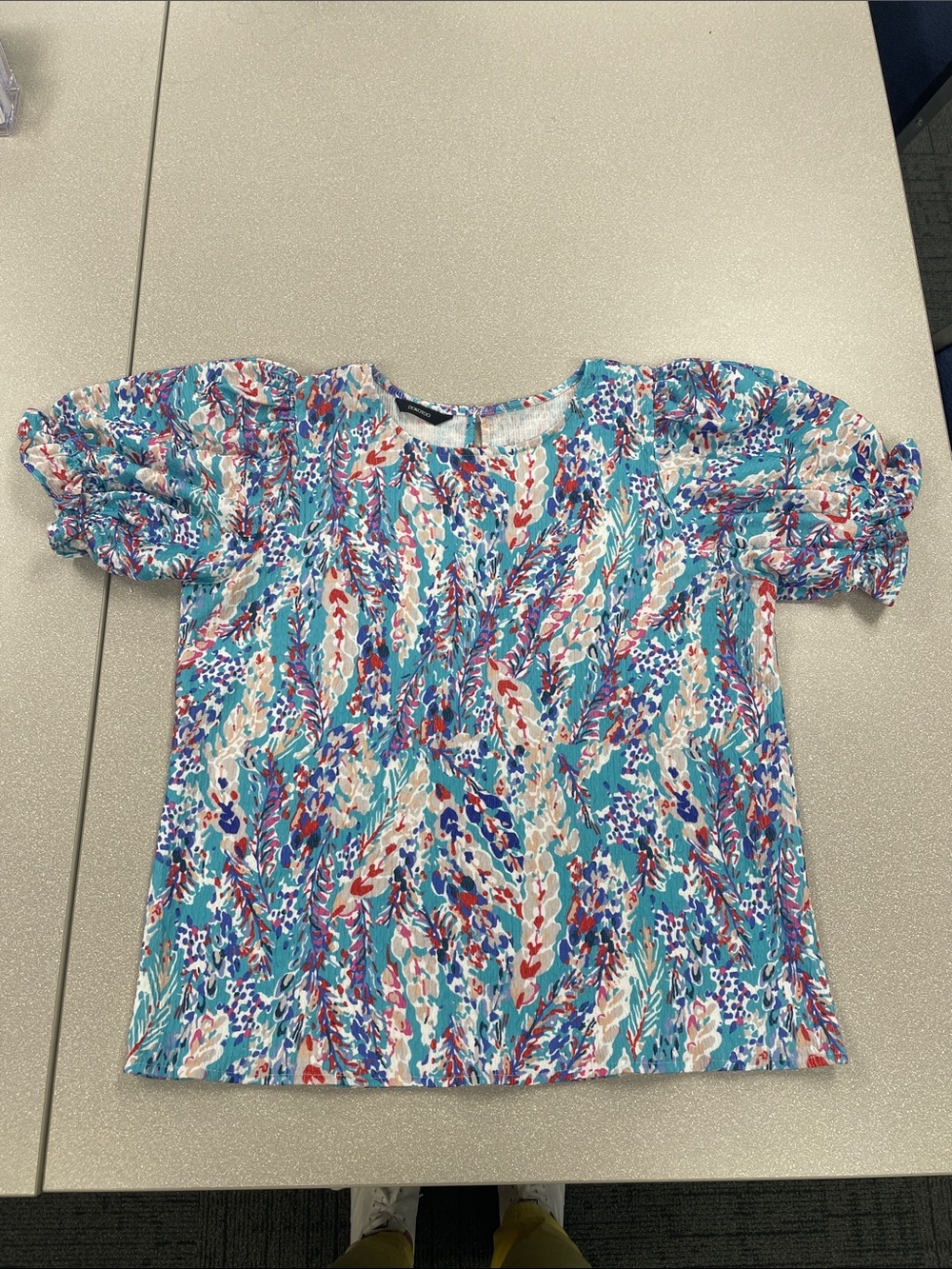 Turquoise Multicolor Puff-Sleeve Printed Blouse